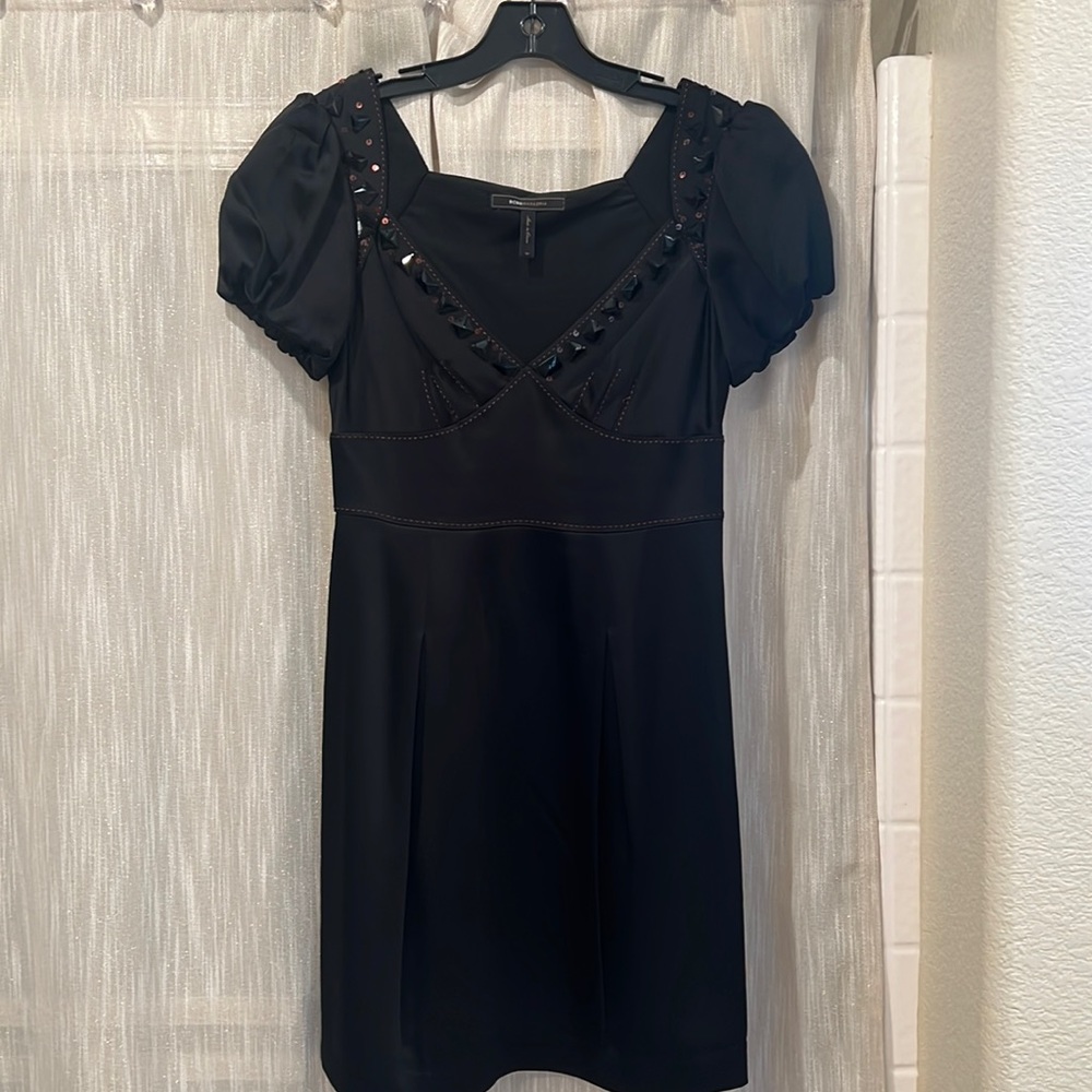 Black satin sweetheart neck dress